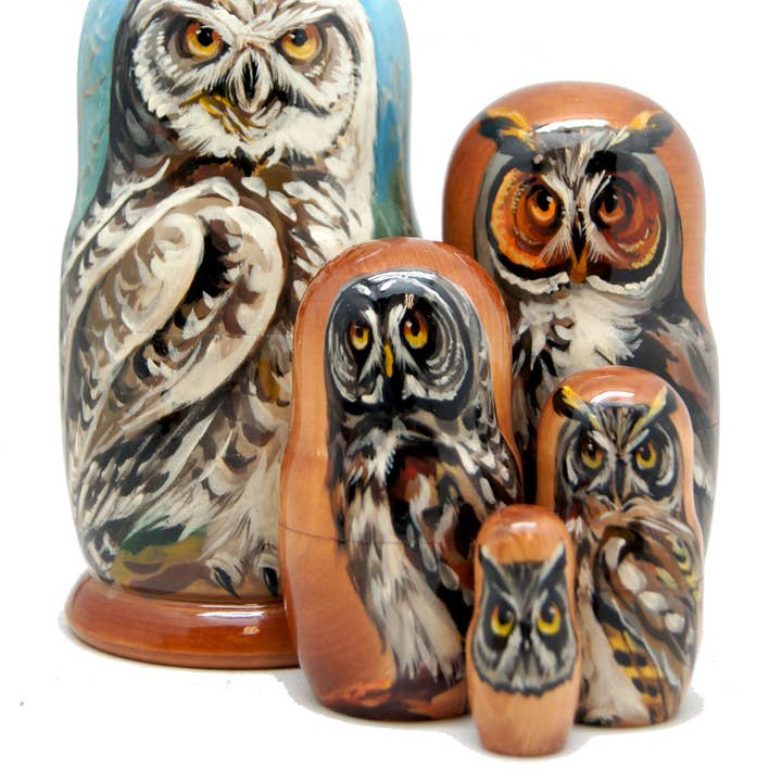 Forest Owls Wisdom 5 Piece Handpainted Nested Doll for wholesale by Designocracy