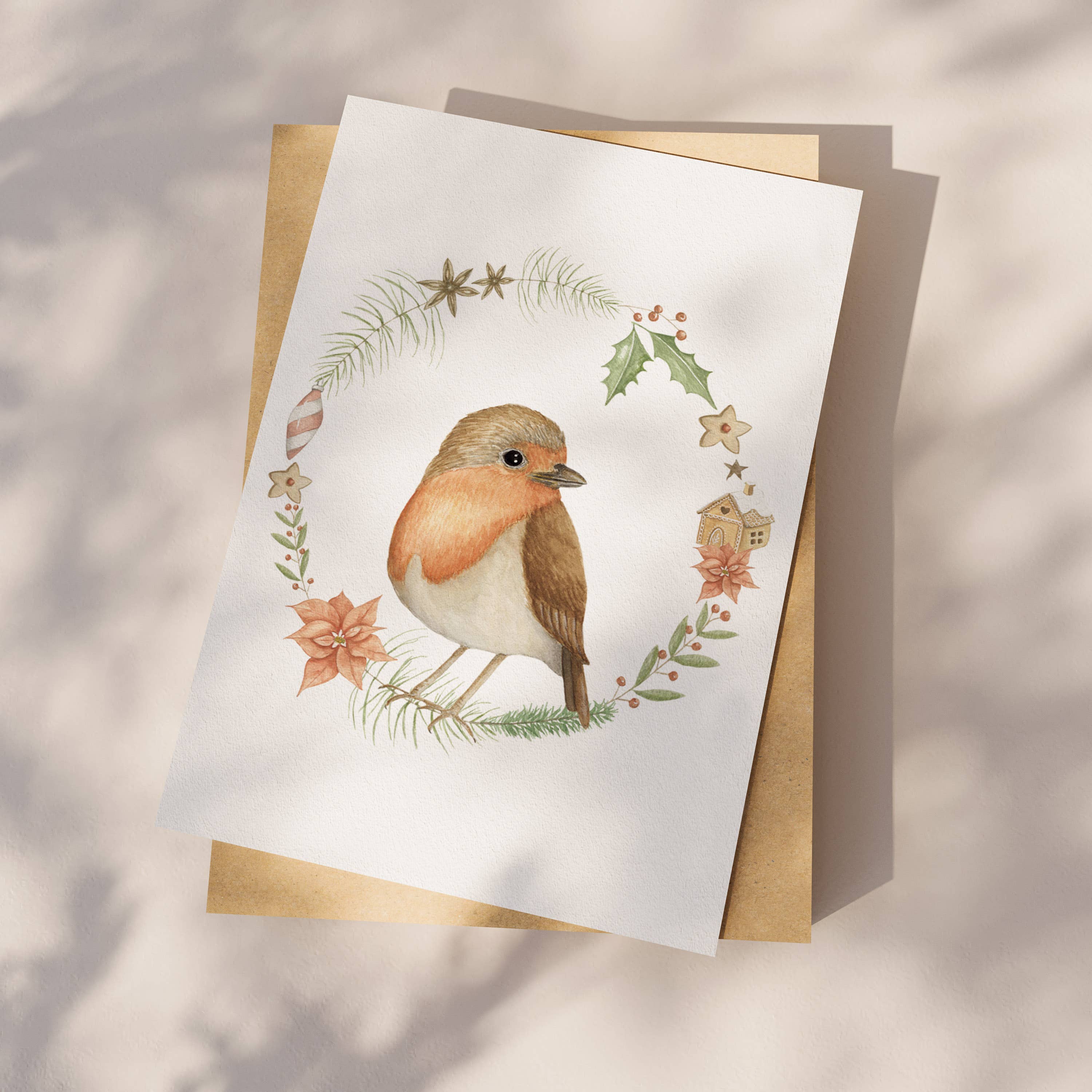 Appeloogje – Großhandel Weihnachtskarte – Postkarte mit Rotkehlchen und Weihnachtskranz1