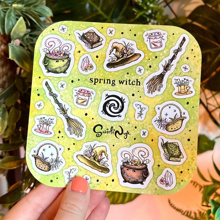 Green Spring Witch Sticker Sheet for wholesale by SwirliNyx