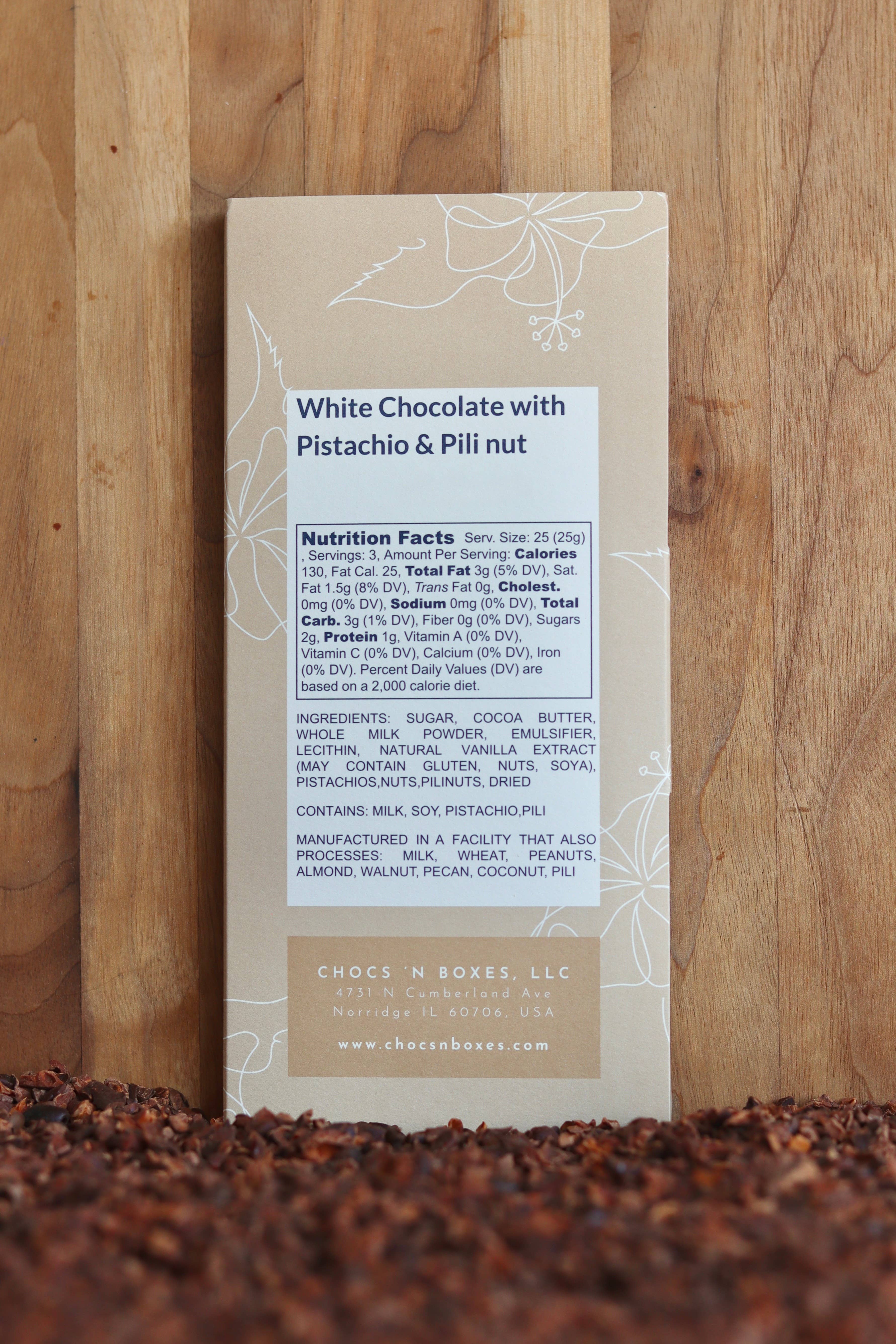 Chocs ‘N Boxes - Wholesale Chocolate Bar - 35% White Chocolate Bar with Pistachio & Pili Nuts1
