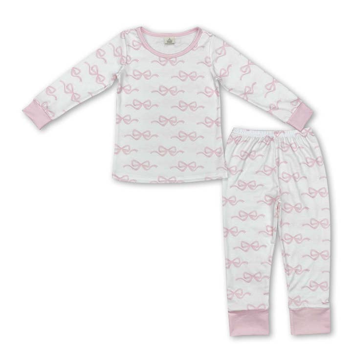 Long sleeves pink bow baby girls pajamas for wholesale by Yawoo Garments