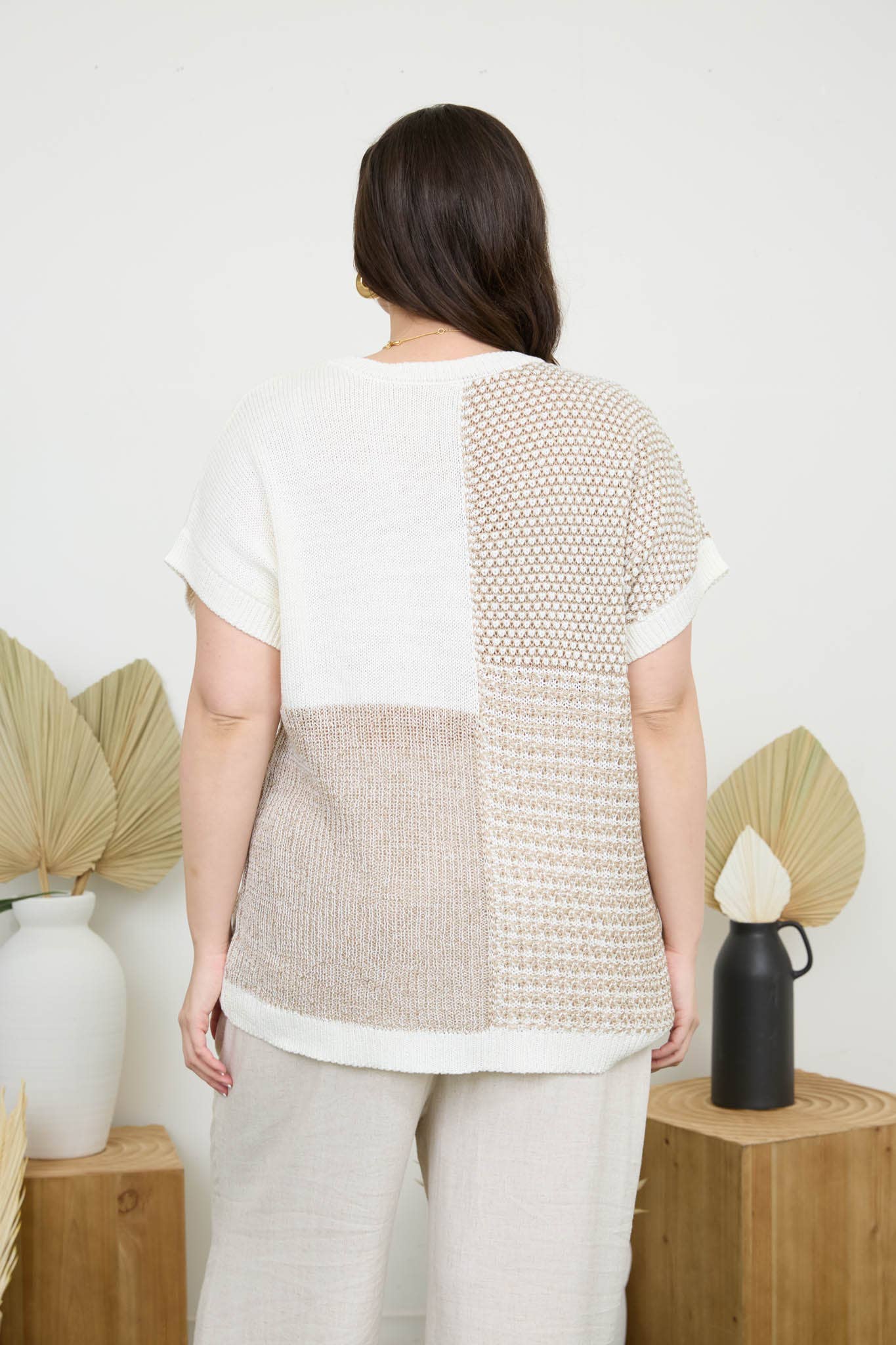 Blu Pepper - Wholesale Knit Sweater - Women's - PLUS MULTI PATTERN COLORBLOCK SHORT SLEEVE SWEATER6