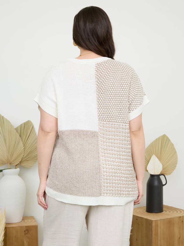 Blu Pepper - Wholesale Knit Sweater - Women's - PLUS MULTI PATTERN COLORBLOCK SHORT SLEEVE SWEATER6