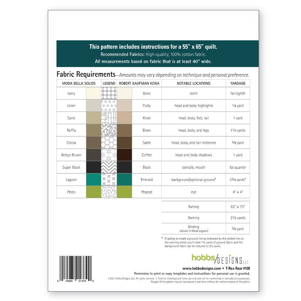 Hobbs Designs - Wholesale Craft Sewing Kit - T-Rex Roar—quilt pattern2
