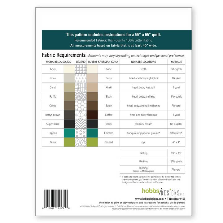 Hobbs Designs - Wholesale Craft Sewing Kit - T-Rex Roar—quilt pattern2