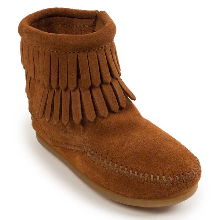 Kid's Suede Double Fringe Side Zip Bootie Boot for wholesale by Minnetonka