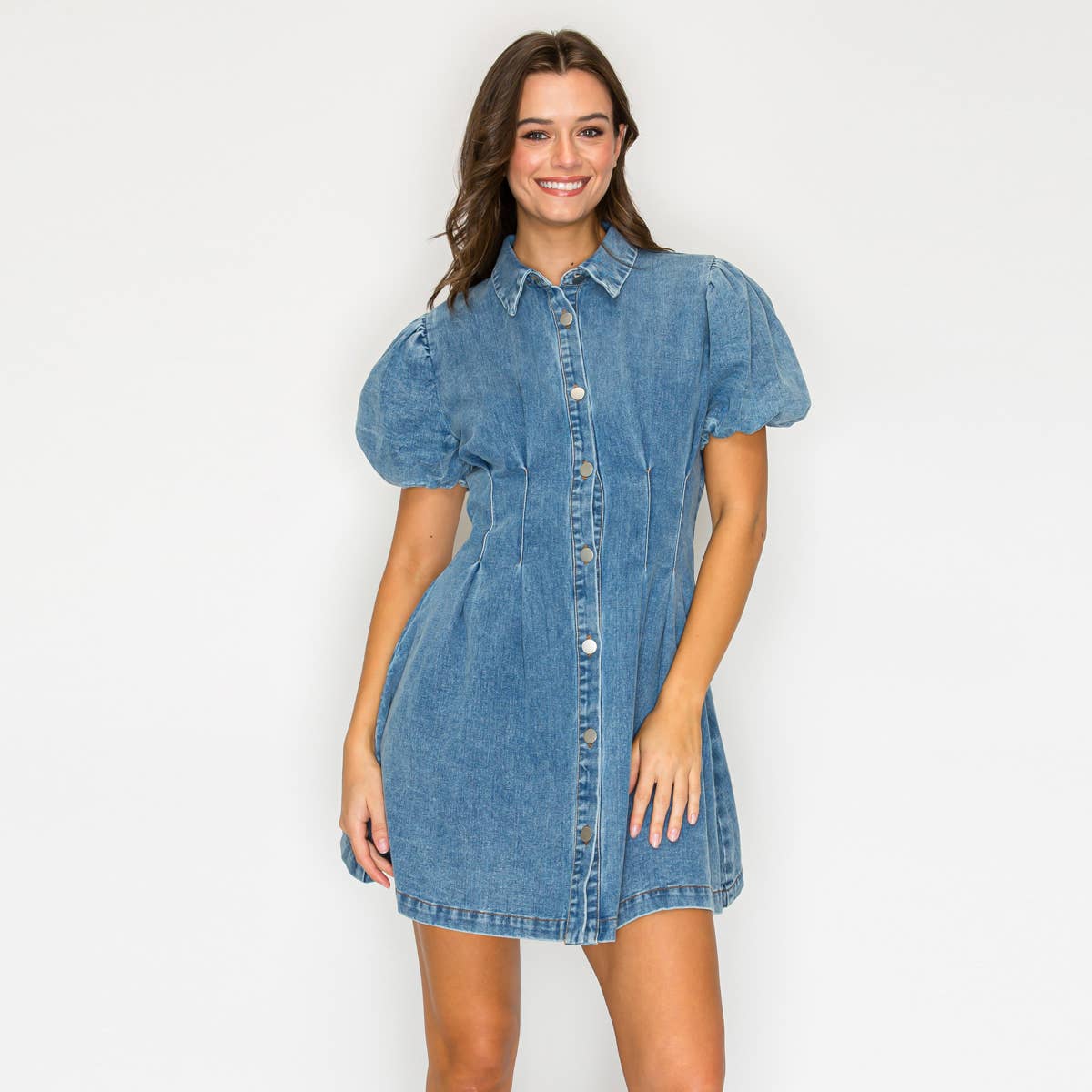LoveWednesday - Wholesale Dress - Women's - Modern Muse Denim Bubble Sleeve Dress - LWD33856