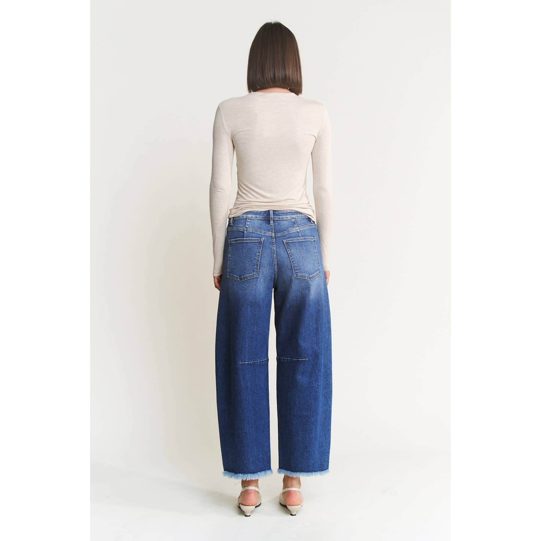 MEDIUM SAPHIRE SUPER HIGH DISTRESSED ANKLE BARREL-LEG for wholesale on Faire5