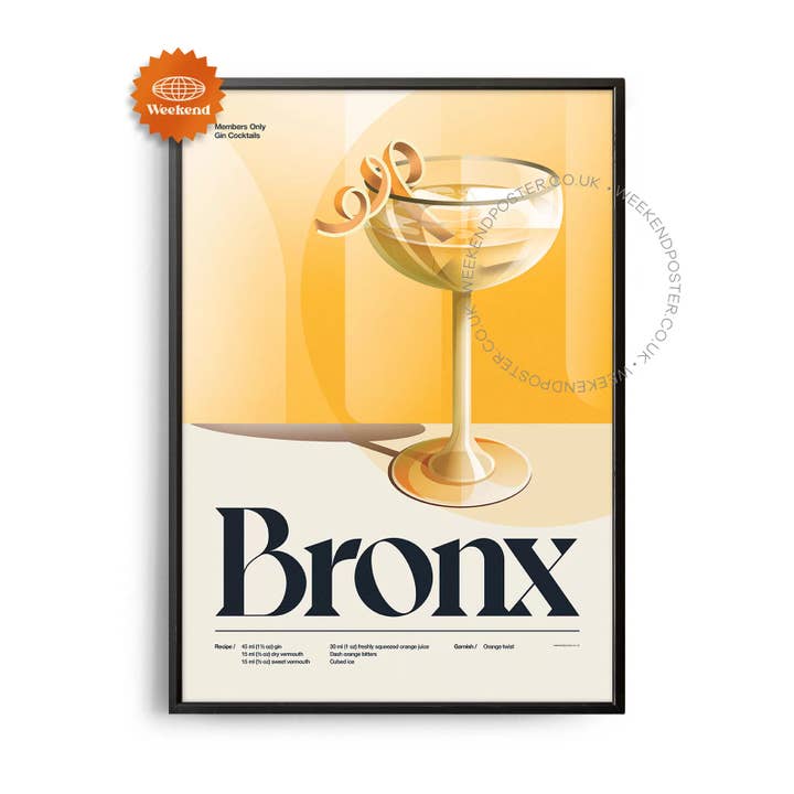 Poster del cocktail Bronx retrò di metà secolo per la vendita all'ingrosso da parte di Weekend Concept
