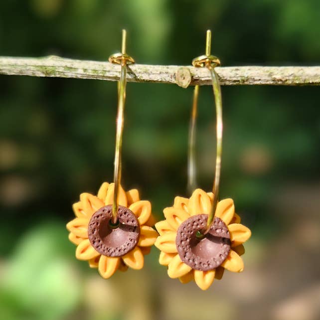 Hand Detailed Sunflower Polymer clay Hypoallergenic Hoops for wholesale by Green Grove Designs