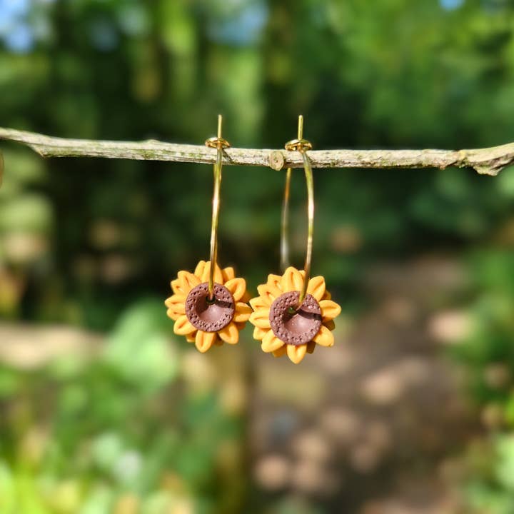 Hand Detailed Sunflower Polymer clay Hypoallergenic Hoops for wholesale by Green Grove Designs