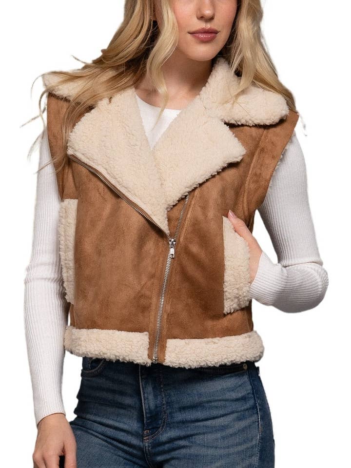 Vanilla Monkey - Wholesale Outerwear Vest - Women's - Faux Suede Inner Fur Zip Up Vest3