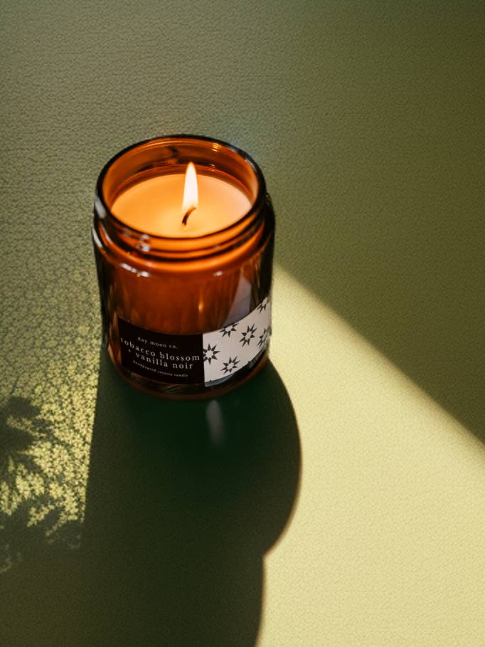 Tobacco Blossom + Vanilla Noir Coco-Soy Wax Amber Jar Fall for wholesale by Day Moon Co.