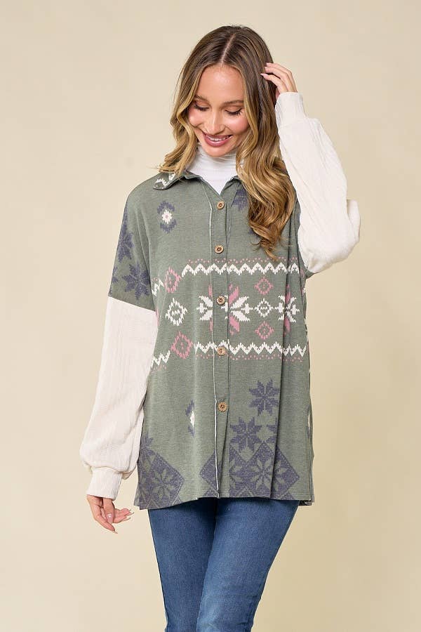 lovely melody - Wholesale Shirt Jacket/Shacket - Women's - LMT3653-Snowflake shacket Print2