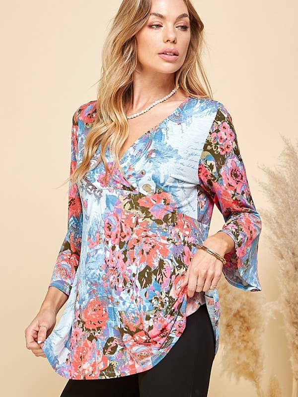 Shopin LA - Wholesale Tunic - Women's - SPT5198 - WOMEN FLORAL PRINT 3/4 SLEEVE TUNIC TOP