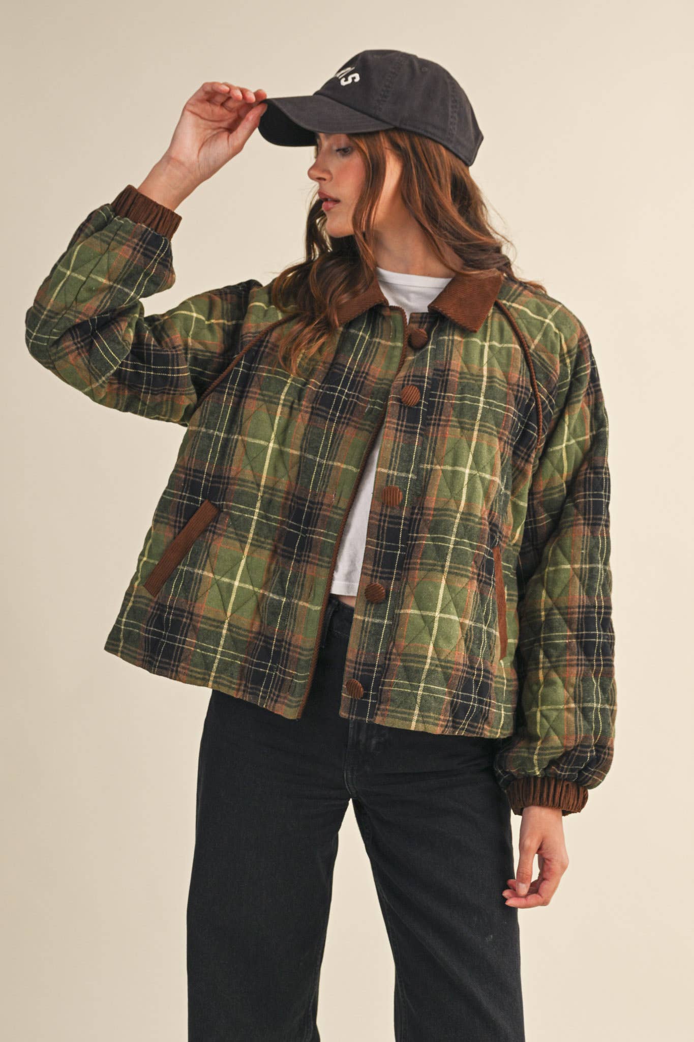 &MERCI - Wholesale Jacket - Women's - PLAID QUILTED JACKET WITH CONTRAST CORDUROY DETAIL MJK411510
