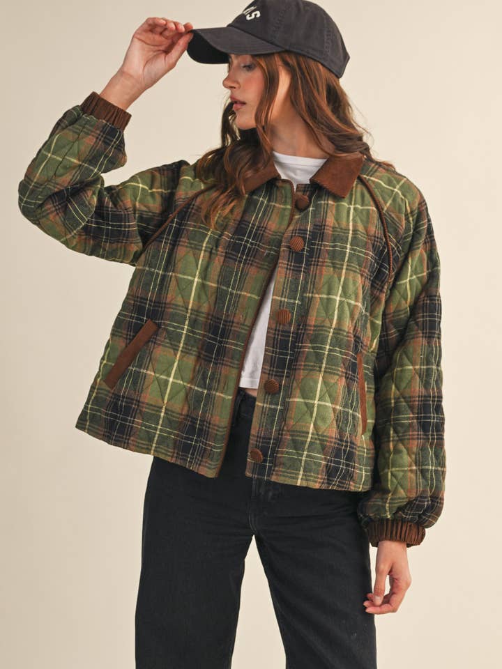 &MERCI - Wholesale Jacket - Women's - PLAID QUILTED JACKET WITH CONTRAST CORDUROY DETAIL MJK411510