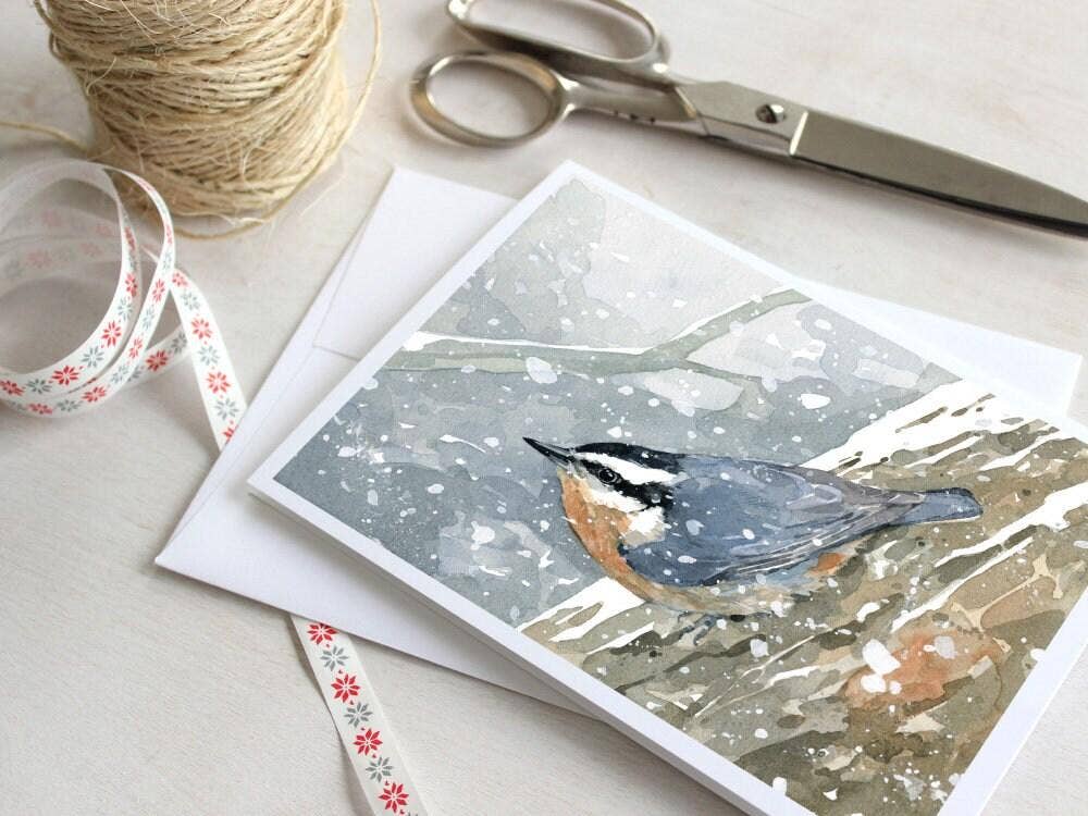 Studio Tuesday - Wholesale Season's Greetings Card - Nuthatch Bird in Snow Holiday Card1