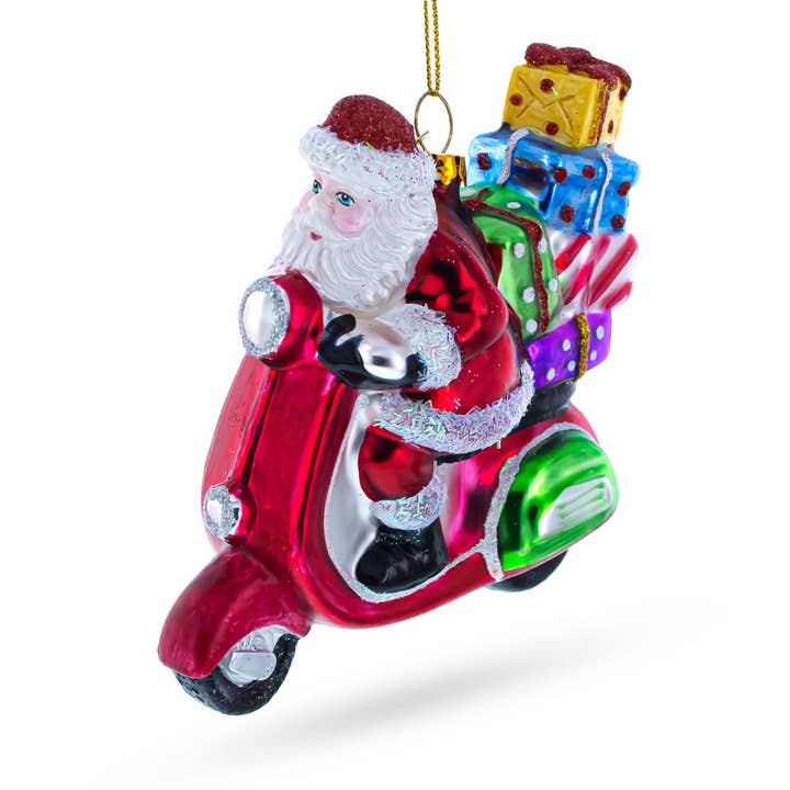 Ornamento de Vidro de Pai Natal a Andar de Scooter Retro com Presentes por atacado de BestPysanky