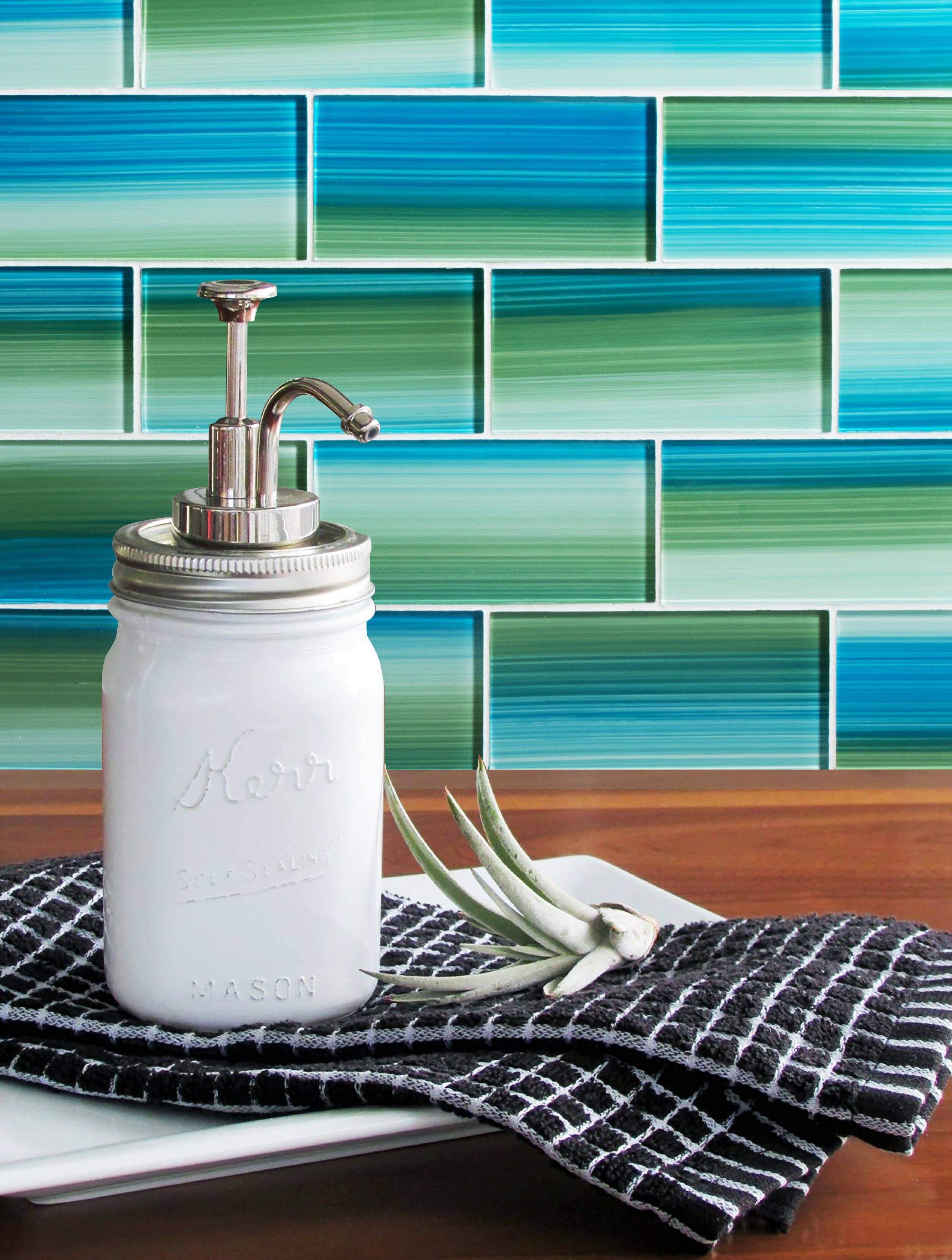 WS Tiles - Wholesale Wall Tile - Hand Painted 3" x 6" Glass Mosaic Subway Tile, Backsplash for Kitchen and Bathroom - 5 Square Feet Per Carton - Hand Painted Shades of Green and Blue2