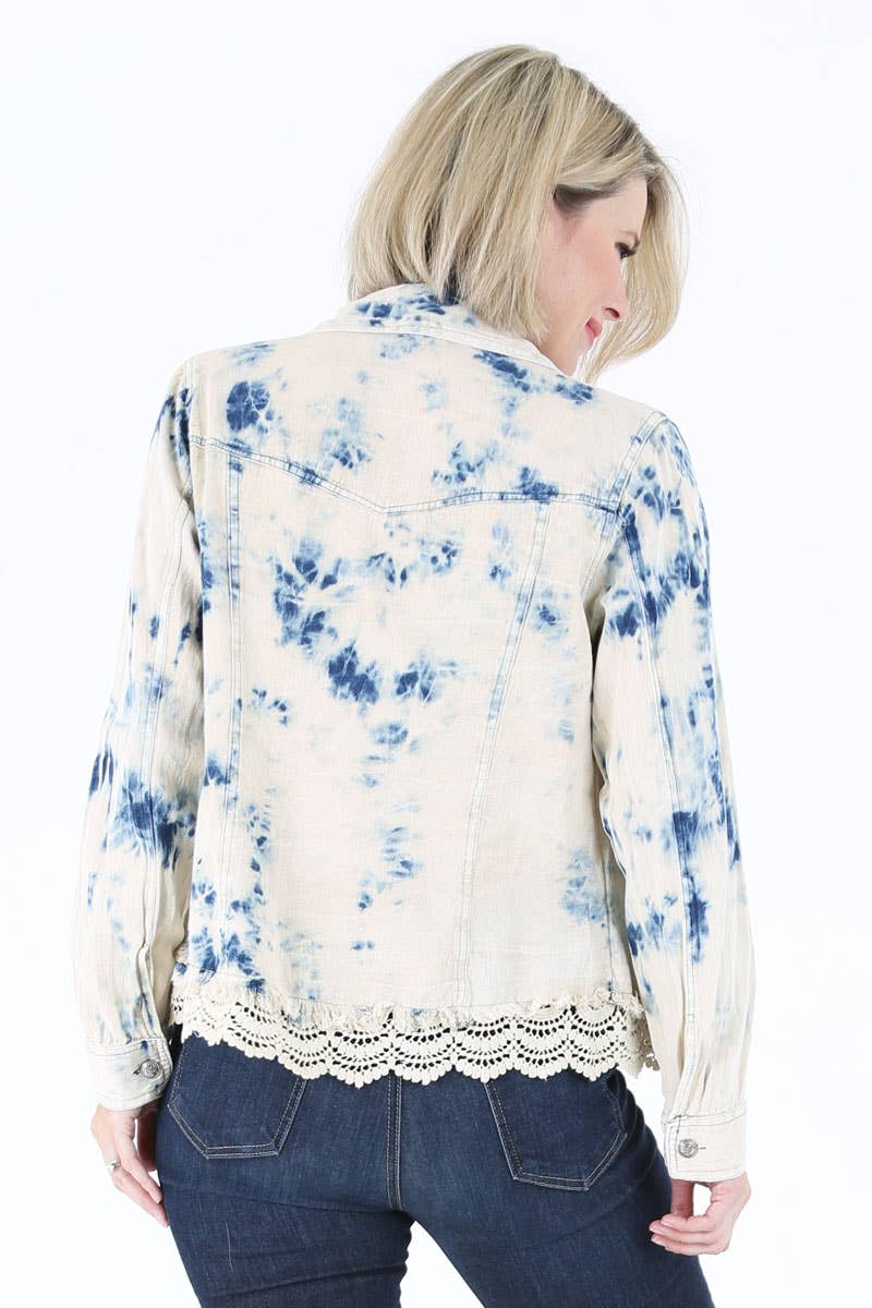 E2T83-ASIS BLEACH TIE DYE WASH DENIM JACKET WITH LACE HEM for wholesale on Faire12