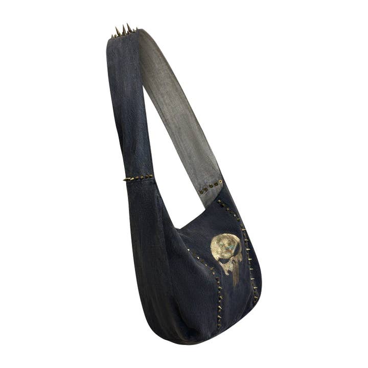 Punisher Spike Tote – Upcycled Black Denim for wholesale by Deborah Lindquist