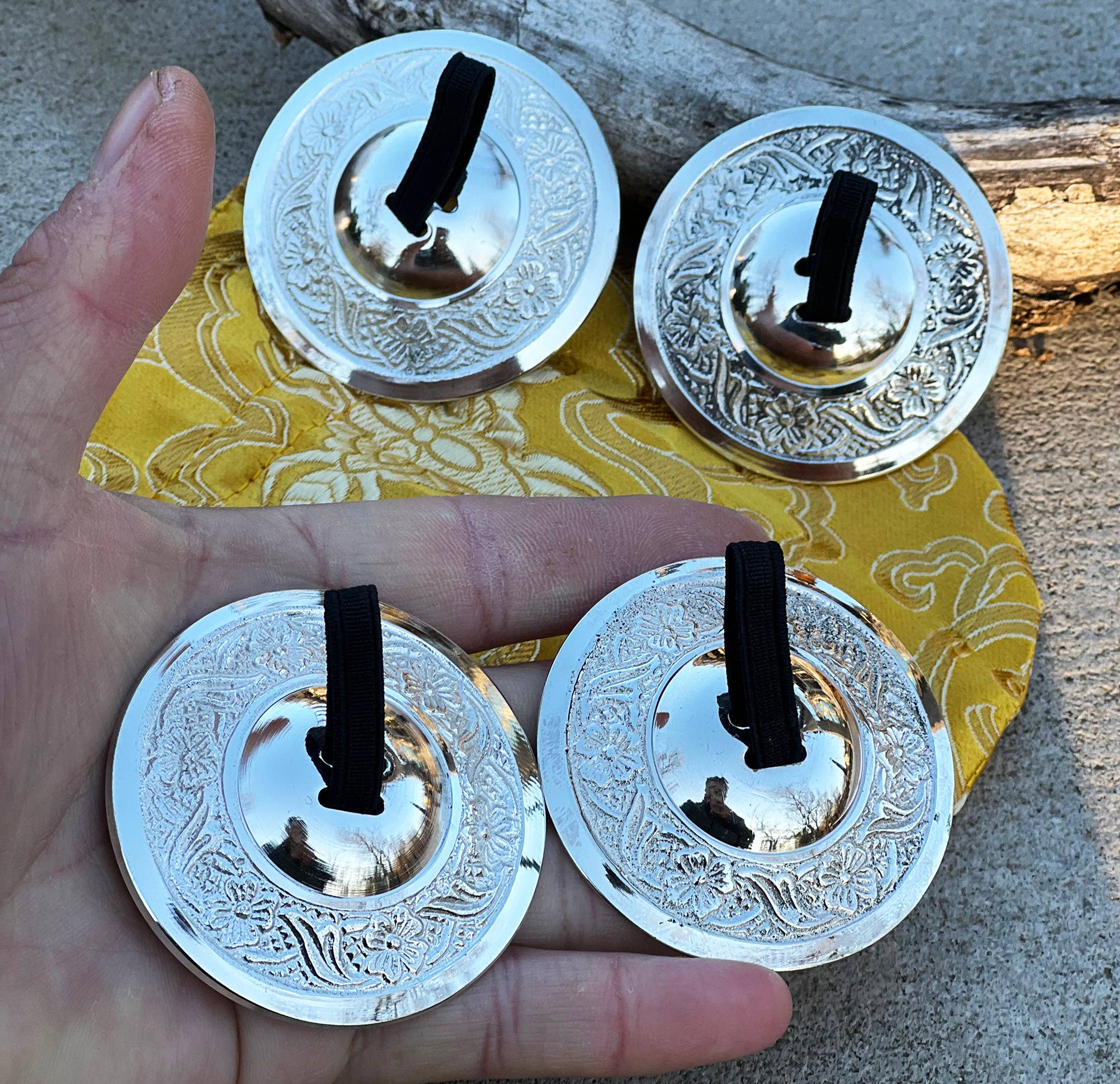 Lungta Imports – wholesale Musical instrument – 2 Pairs Brass Floral Finger Cymbals Zills for Belly Dance3