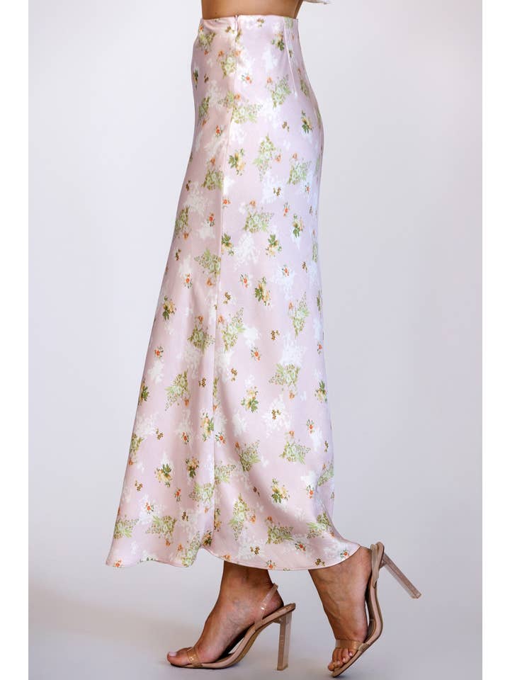 PINK MULTI FL JS5578-10 - FLORAL SATIN MIDI SKIRT for wholesale on Faire4