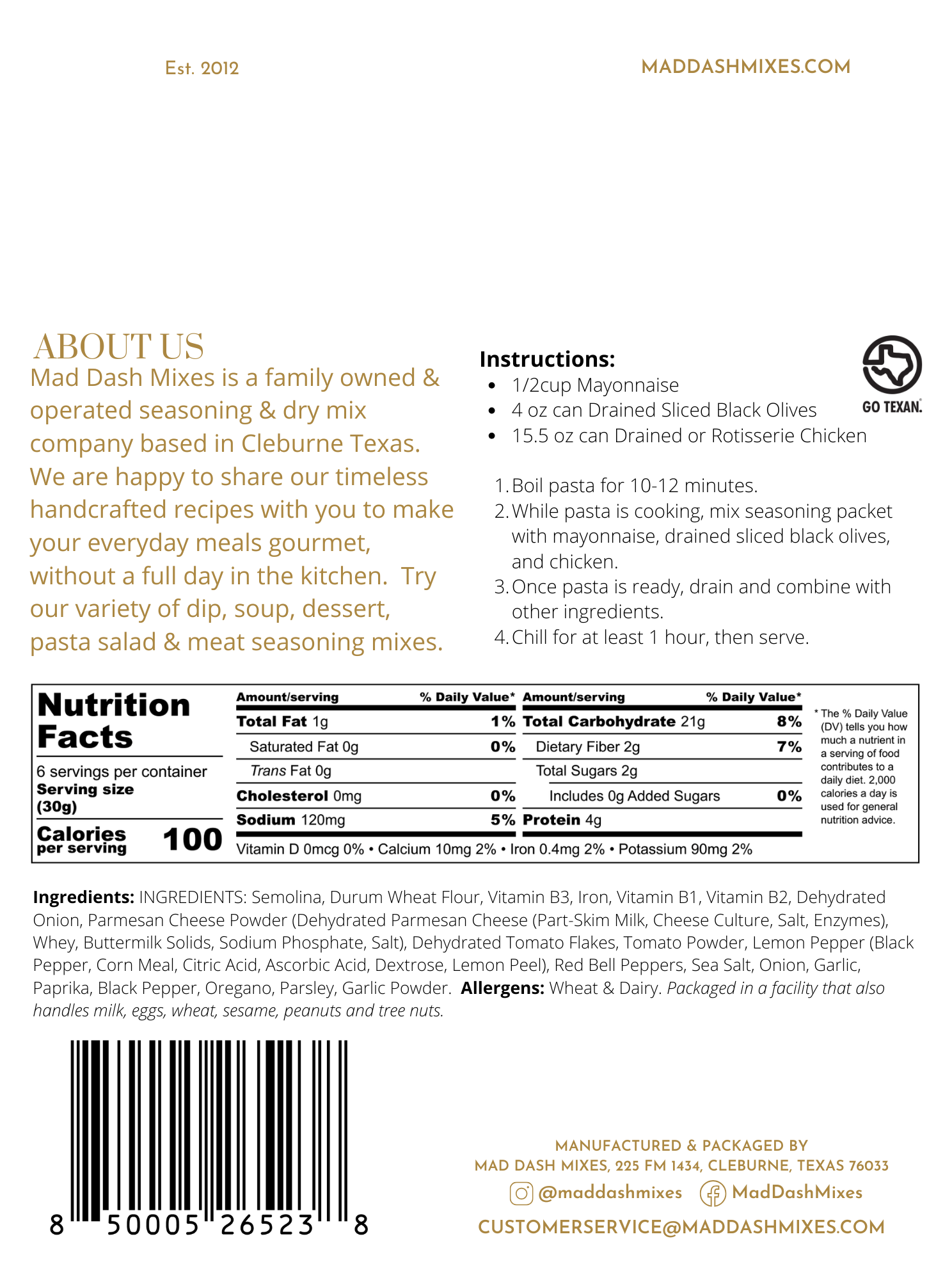 Mad Dash Mixes - Wholesale Pasta - 	Mediterranean Pasta Salad1