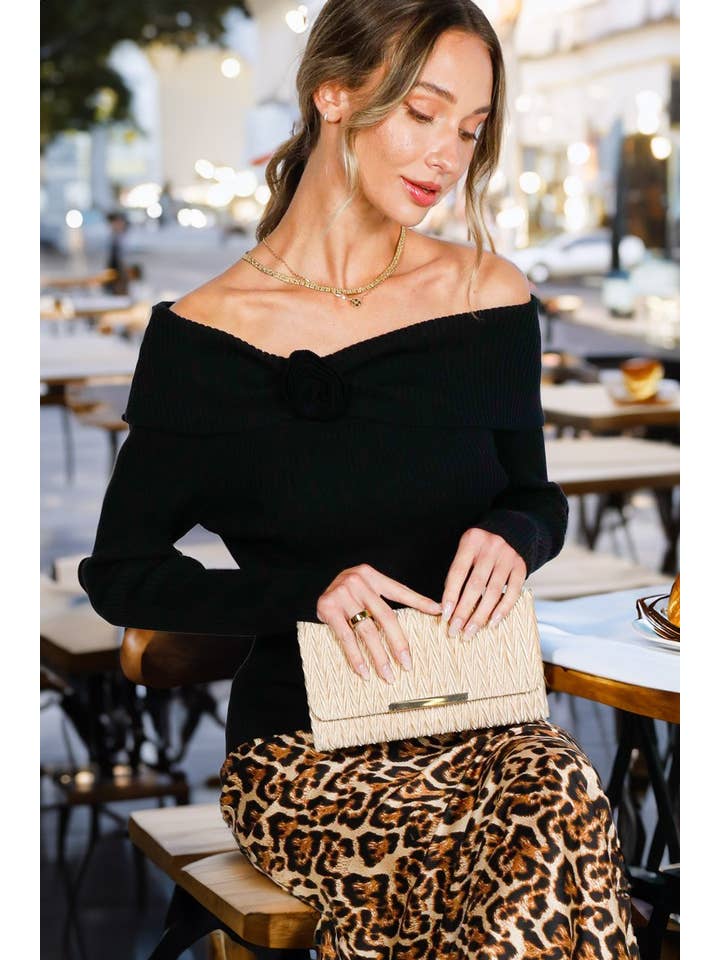 Vine & Love - Wholesale Knit Sweater - Women's - Rose Corsage Off The Shoulder Rib Knitted Sweater VT8259212