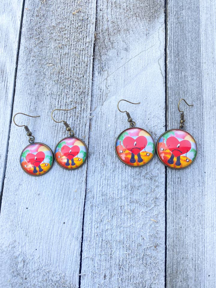 Bad Bunny Sad Heart Dangle Earrings for wholesale by Made Brite Creations