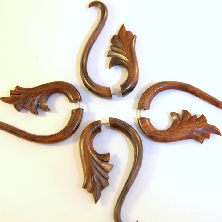 Ajmer by Jodi - Wholesale Cuff/Wrap Earrings - Wood Palmette Faux Gauges~ Surgical Steel ear wires4