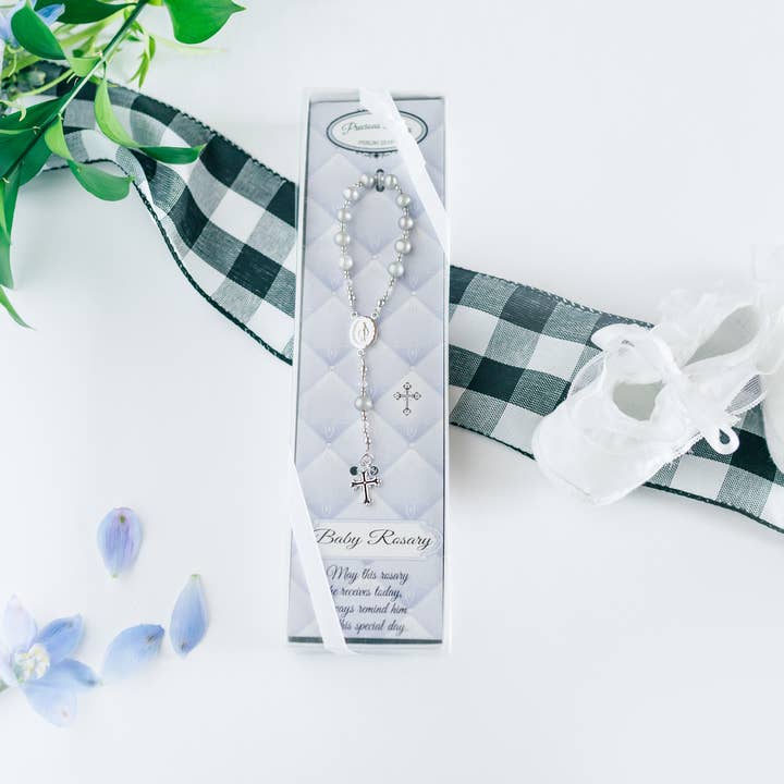 Cherished Moments - Wholesale Prayer Beads Necklace - Sterling Silver Grey Baby Rosary Baptism or Christening Gift