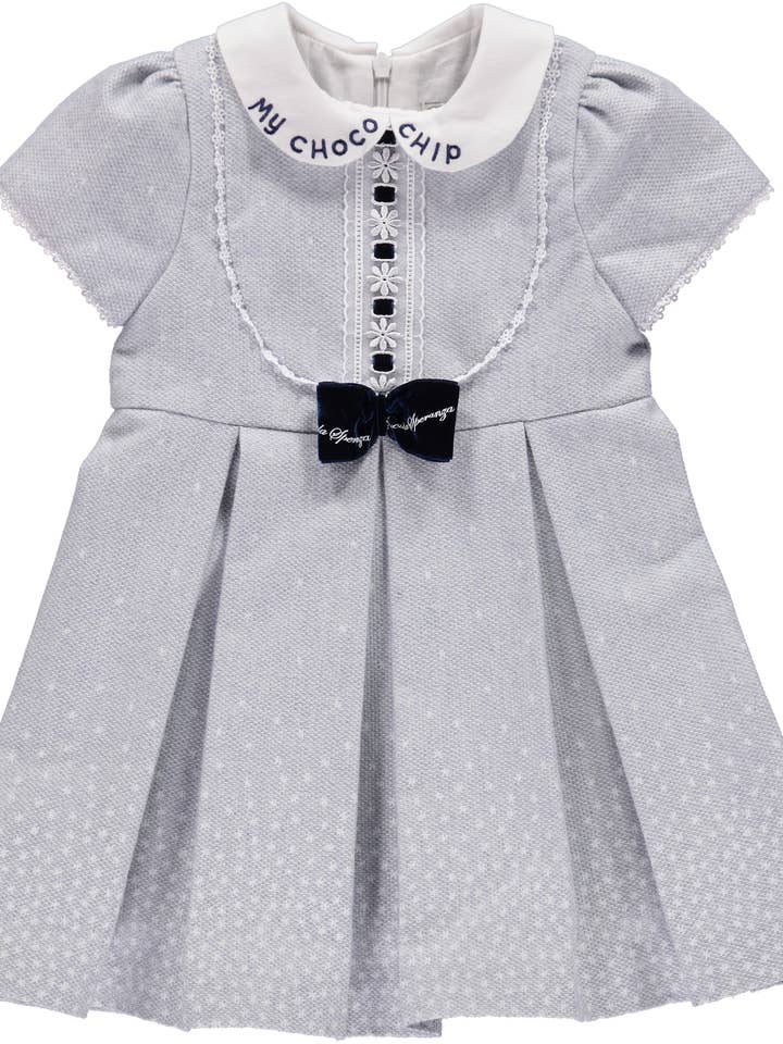 Blue dress with velvet bow and embroidered collar for wholesale by Piccola Speranza