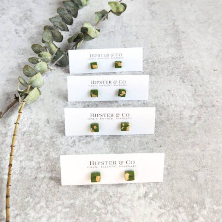Olive Green and Gold Square Stud Earrings for wholesale by Hipster & Co