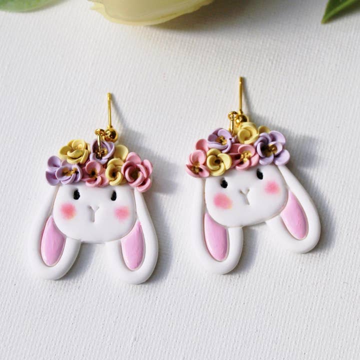 Studio Niani - Wholesale Dangle Earrings - Floral Bunny Earrings, Easter Bunny with Flower Crown0