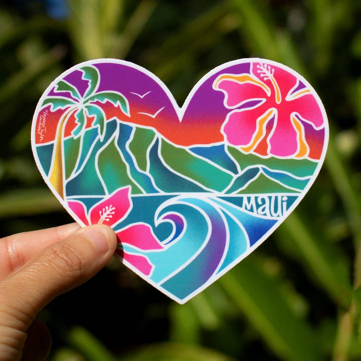 Lauren Taylor Creations - Wholesale Sticker - MAUI HEART SCENIC FULL COLOR STICKER - LARGE0