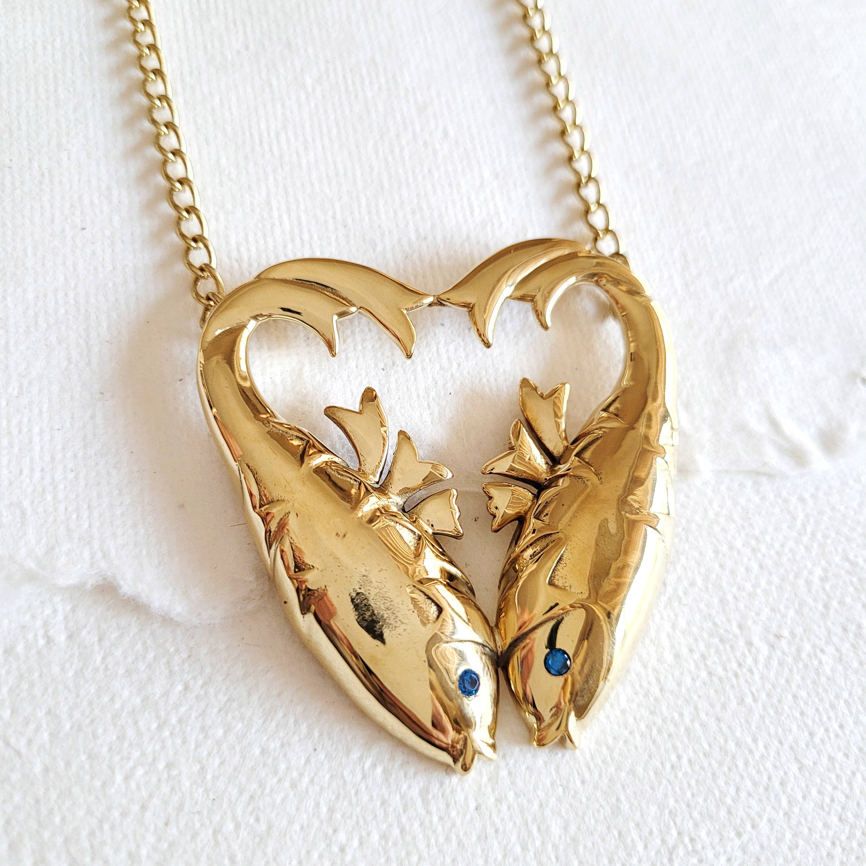 Bisjoux - Wholesale Pendant/Charm Necklace - Brass double fish  heart aquamarine pendant Necklace5