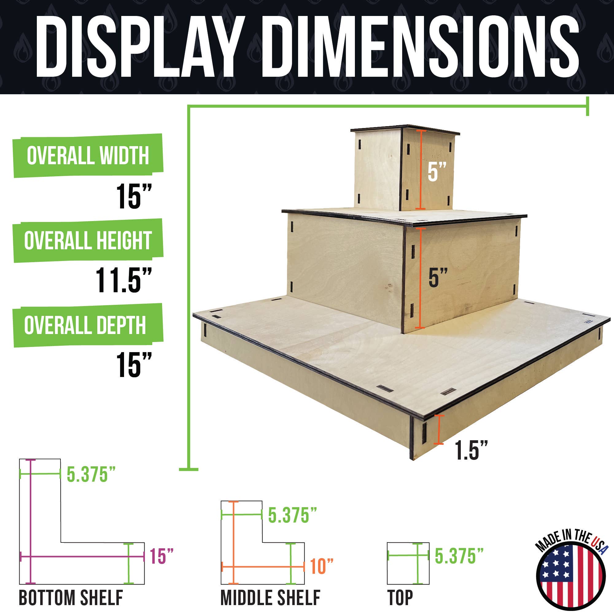 Torched Displays - Wholesale Displaystandaard/case voor retailer - Draagbaar houten displayrek met 3 niveaus voor in de hoek4