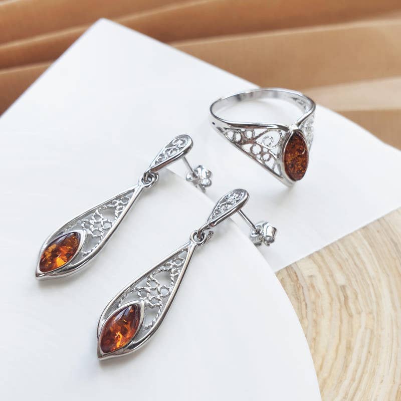 Cognac Ring med cognac rav fra Østersø-navet i sterling sølv for engroshandel på Faire2