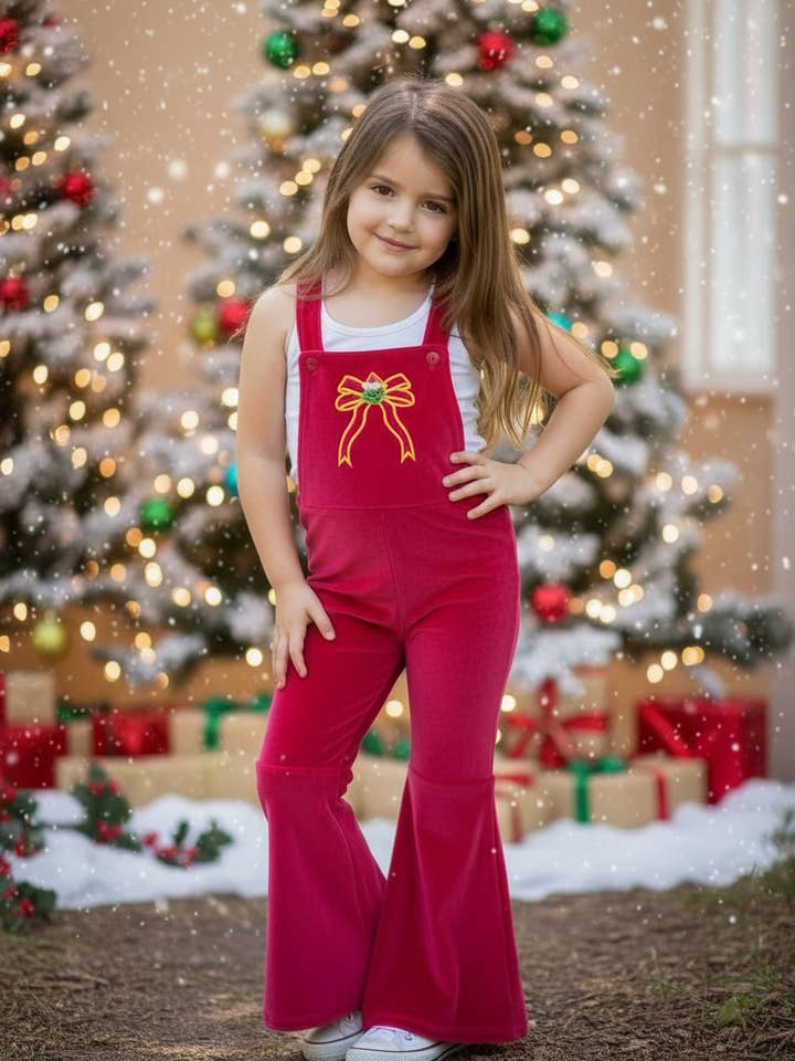 Christmas character on fuchsia velvety fabric romper. PNG50763 SOL for wholesale by Kids Charm Online
