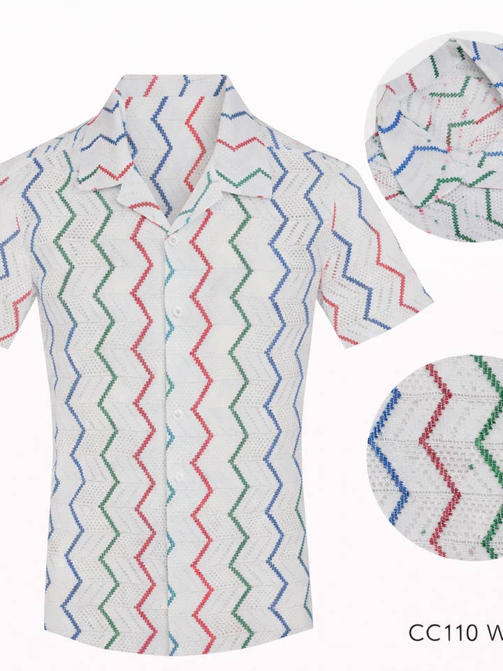 Chemise à manches courtes à col cubain en blanc raccourci pour la vente par Perruzo