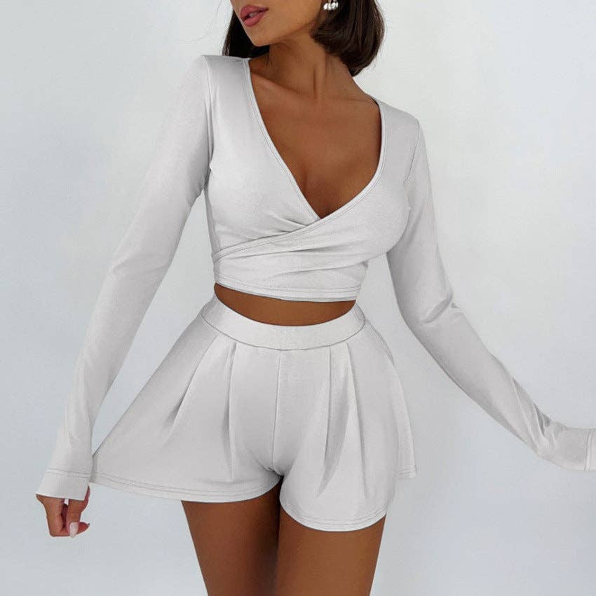 Sweetkama - Wholesale Top & Short Set (NOT Loungewear) - Women's - Sweetkama Deep V-Neck  Short Top Loose Shorts Ladies Set6