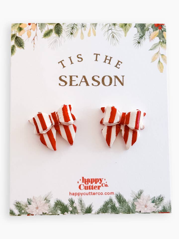 Christmas Studs - Red & White Striped Bow Holiday Earrings for wholesale by Happy Cutter Co