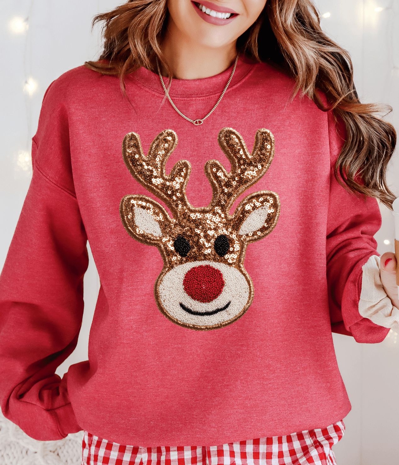THE LATTIMORE CLAIM - Wholesale Graphic Sweatshirt - Women's - Rudolph Red Nose Faux Sequin Reindeer0
