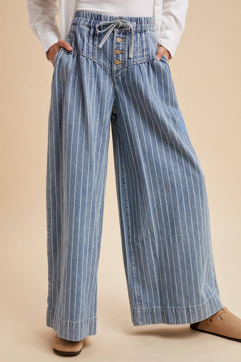 Striped Denim Pin Tuck Detail Wide Leg Pants for wholesale on Faire1