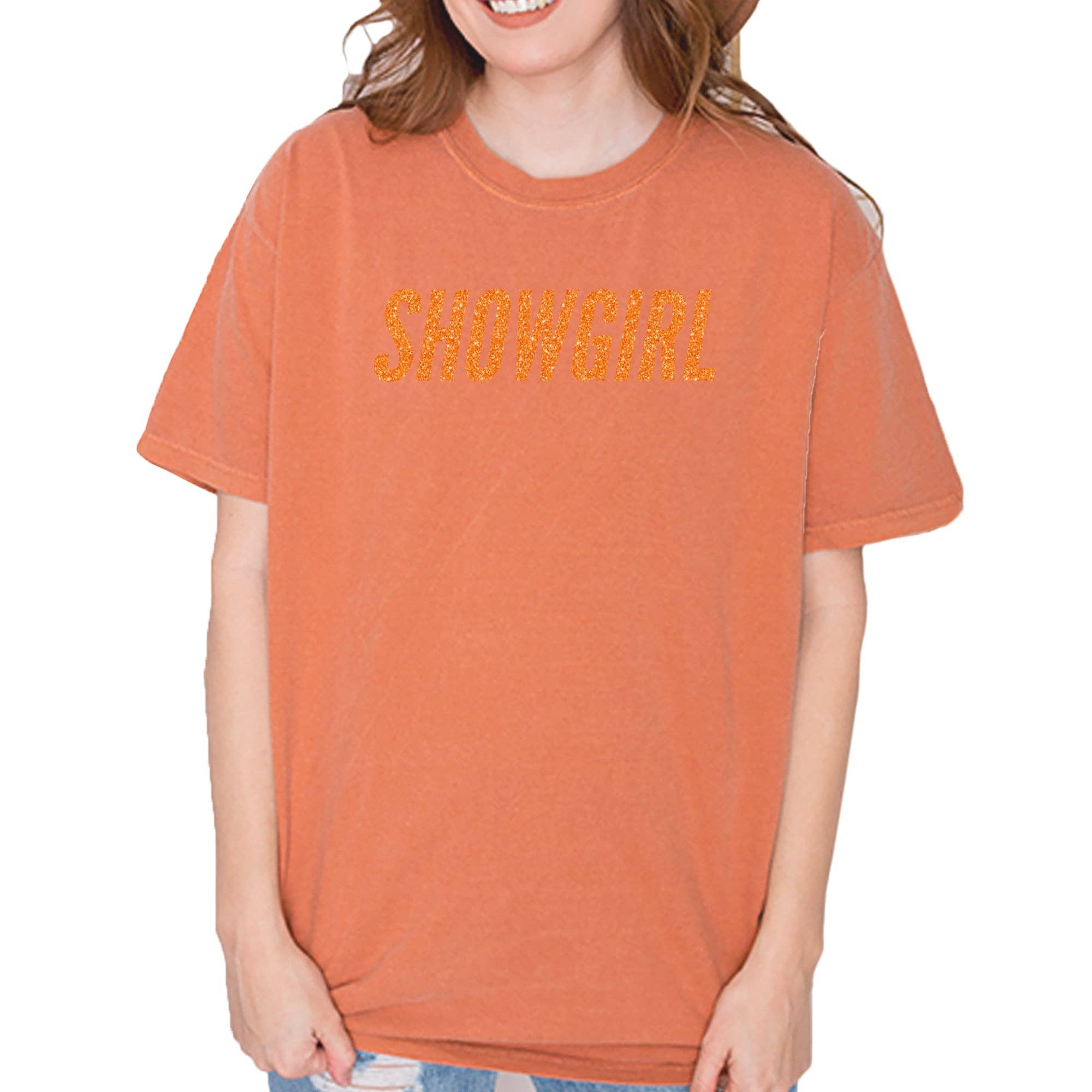 Expression Tees - Vente T-shirt sérigraphié – femme - T-shirt unisexe vintage doux à paillettes orange Showgirl8