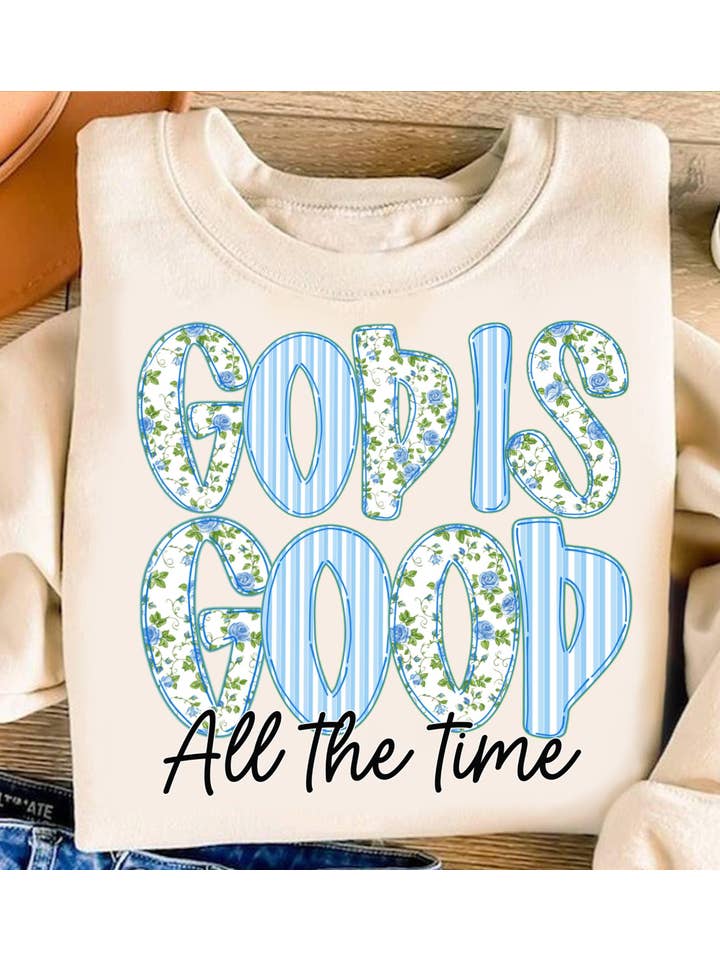NVC Ecommerce LLC - Wholesale T-Shirt (Graphic) - Women's - God is Good All The Time T-Shirt, Blue Floral Sweatshirt1