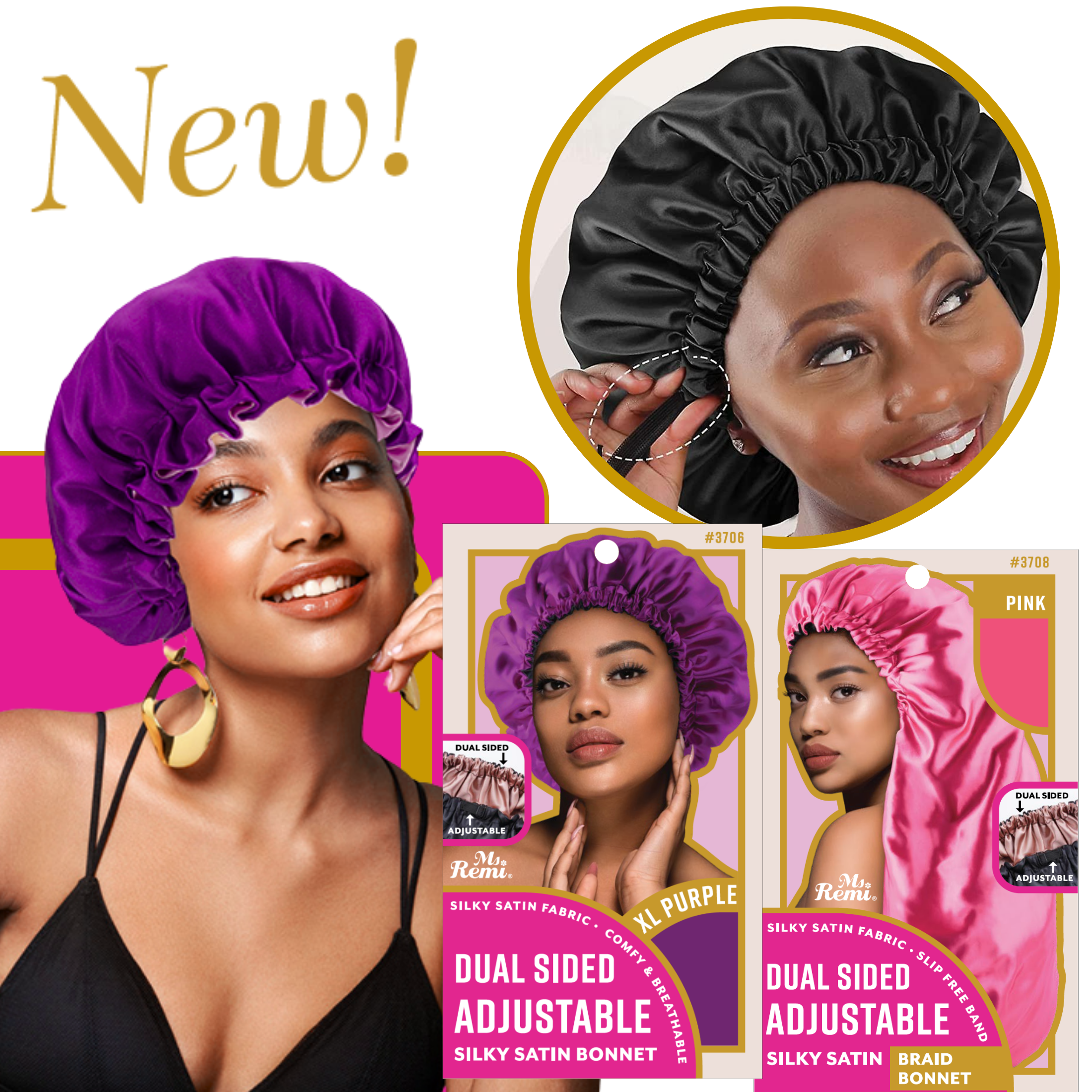 Annie International, Inc. - Wholesale Sleep Cap / Bonnet - Women's - Ms. Remi Adjustable Dual-Sided Silky Satin Braid Bonnet Asst1