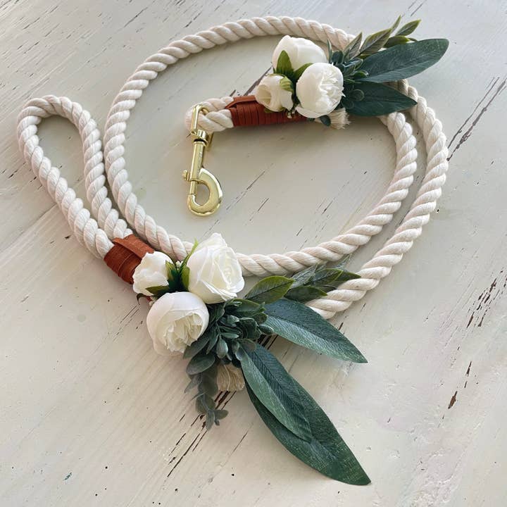 Trela de corda para cão off-white com eucalipto e rosas brancas por atacado de Wolf and Wonder